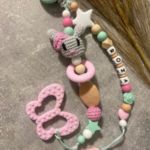 Horgolt nyuszis rágcsa- és cumilánc pillangóval – Bild 1