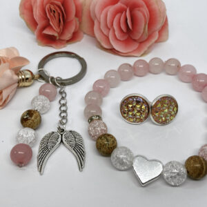 Rózsakvarc- hegyikristály- jáspis szett fülbevalóval – Bild 1